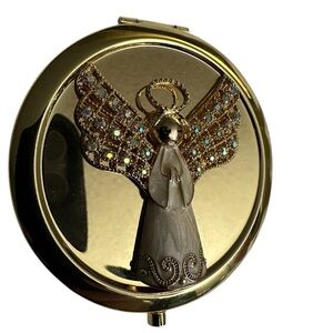 Monet Angel Gold-tone Mirrored Compact with Rhinestones & Mother of Pearl